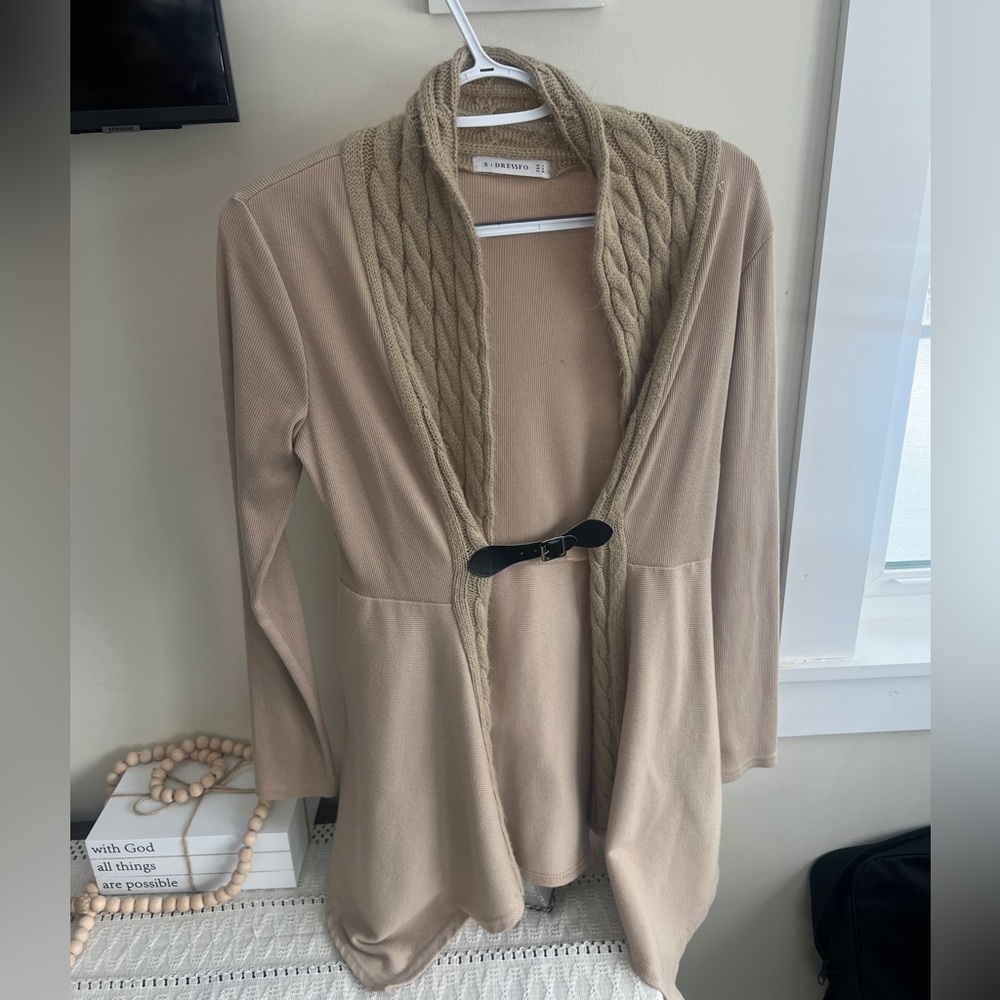 Women's Beige Sweater with Cable Knit Trim